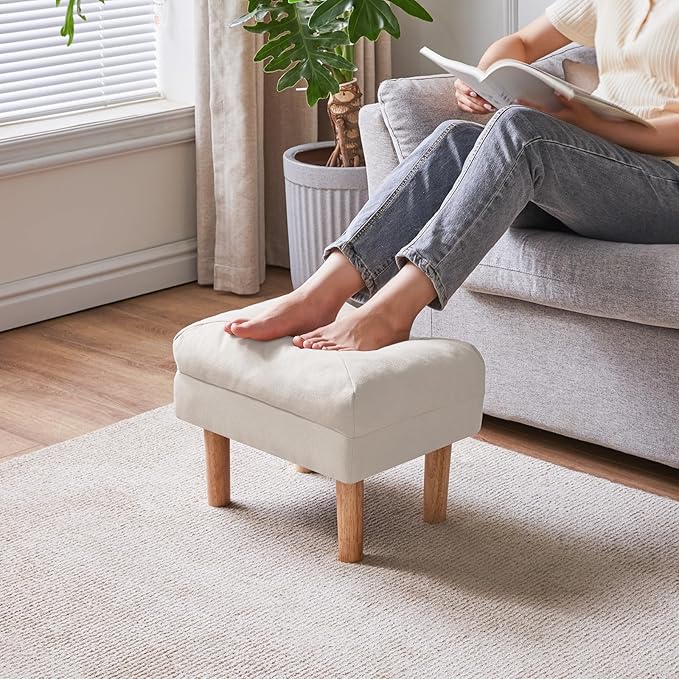 YMYNY 15.75" Small Footstool Ottoman, Footrest with Sponge Padded Seat, Step Stool for Sofa, Bedroom, Living Room, Entryway, Modern Change Shoes Stool, Wood Legs, Beige, UHBD023M