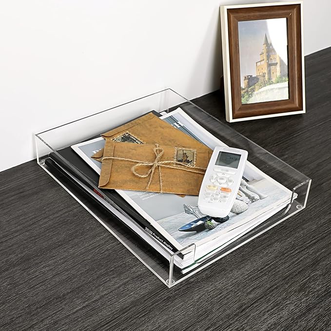 BTSKY Multipurpose A4 File Tray Clear Acrylic Desk Tray Organizer Elegant Letter Size Desk Documents Trays Magazine Files Storage Basket Organizer Bin for Office Cosmetics Bathroom