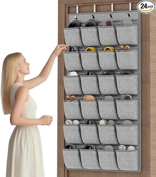 Over the Door Shoe Organizer,Hanging Shoe Rack Storage Holder with 24 Extra Large Fabric Pockets for Closet,Men Sneakers,Women High Heeled Shoes,Slippers,Grey 61.4''x22''-NeatNest