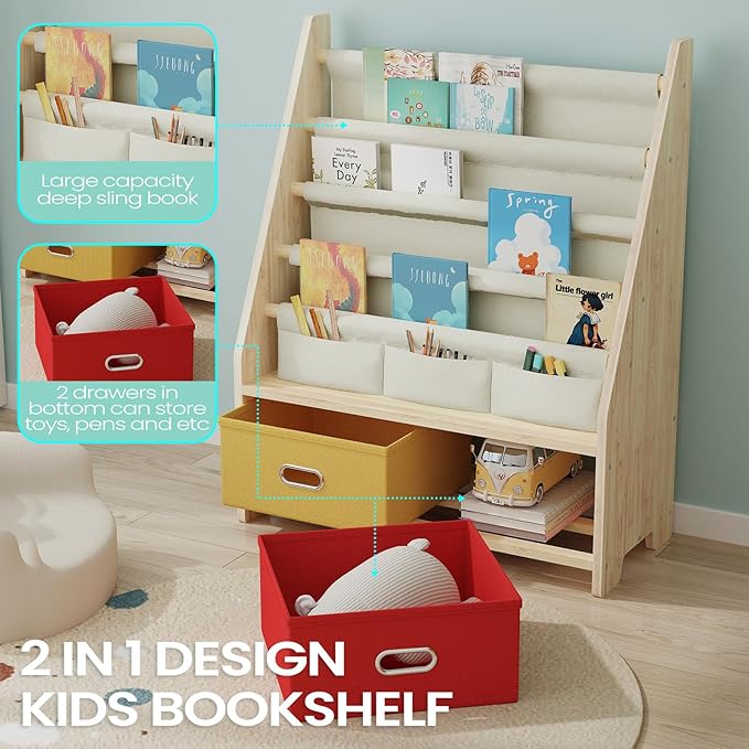 4 Tier Kids Book Shelf, Wooden Kids Book Rack Storage Bookshelf with Toy Storage Organizer, Toddler Sling Bookshelf for Boys, Girls, Kids Room, Red/Yellow