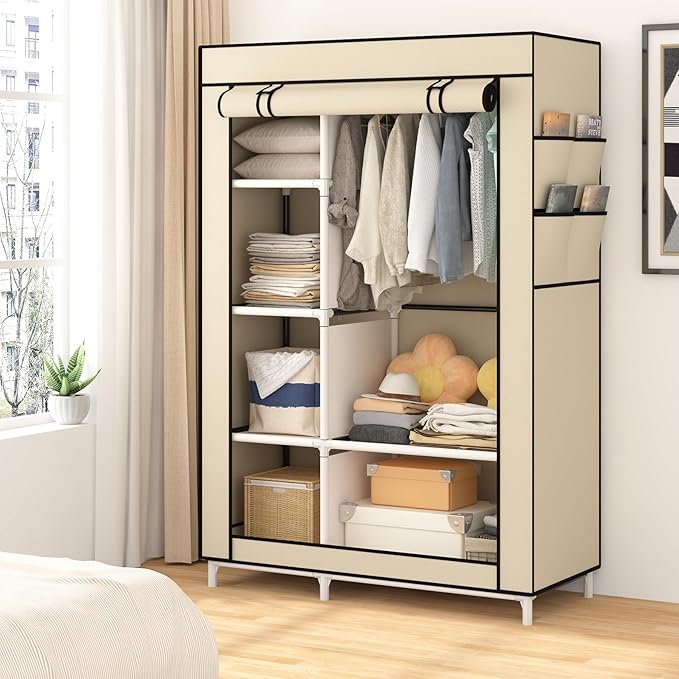 Calmootey Portable Closet Organizers, Clothing Storage, Wardrobe with 6 Shelves and Hanging Rod, Non-Woven Fabric Cover with 4 Side Pockets, Beige-NeatNest