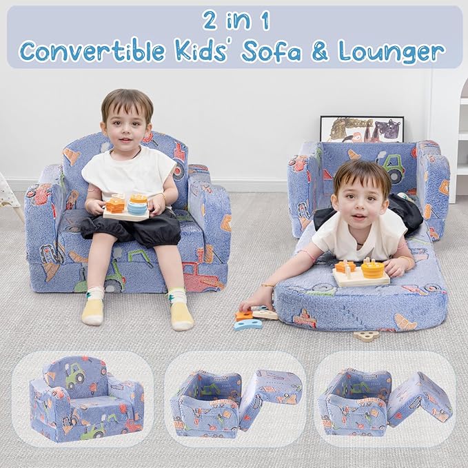 Comfy Toddler Chair and Couch for Kids with Blanket,2-in-1 Soft Plush Fold Out Toddler Couch for Girls and Boys,Convertible Sofa to Lounger for Playroom,Car Excavator-NeatNest