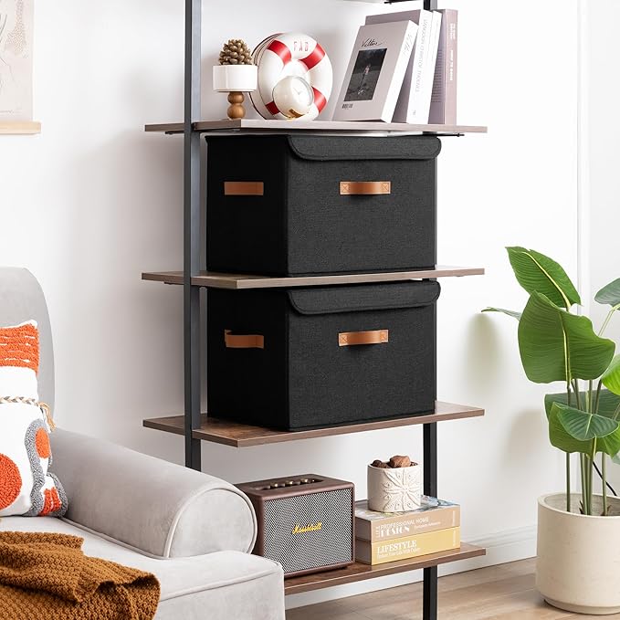 GRANNY SAYS Black Storage Bins with Lids, Decorative Storage Boxes with PU Handles, Linen Closet Organizer, Storage Baskets for Shelves, Fabric Storage Bins for Clothes, Extra Large-NeatNest