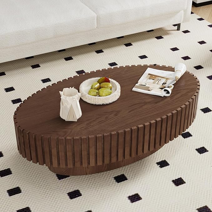 Handmade Oval Grooved Drum-Shaped Coffee Table、Rustic Modern Circular Centerpiece for Living Room & Farmhouse Decor、Easy to Clean (C Walnut 43in)