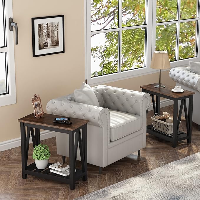 ChooChoo Farmhouse End Table, Rustic Vintage Narrow End Side Table with Storage Shelf for Small Spaces, Nightstand Sofa Table for Living Room, Bedroom Black 2 Pack-NeatNest