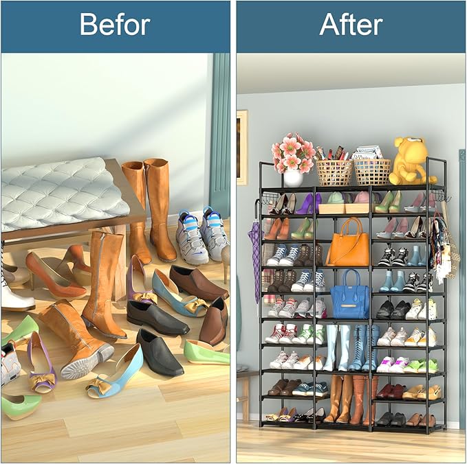 Kottwca 3 Row 10 Tier Large Shoe Rack Organizer for Closet Entryway, 60-65 Pair Shoe Boot Storage Rack, Metal Shoe Shelf Tall Vertical Stackable Shoe Stand for Bedroom Corner-NeatNest