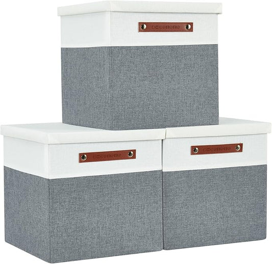 DECOMOMO Storage Basket with Lid, Storage Cubes with Handles, Fabric Box with Lid (Grey and White, 11” / 3 Pack)-NeatNest