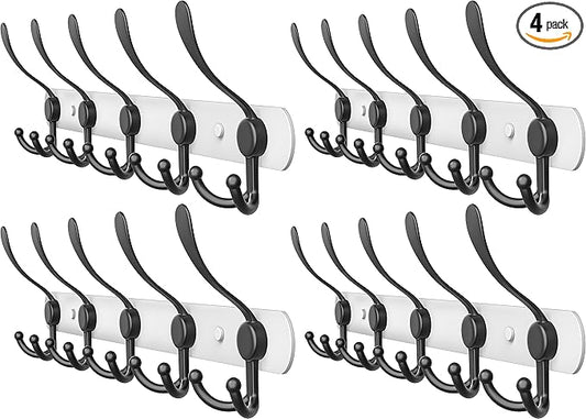 Coat Rack Wall Mount with 5 Tri Hooks, Stainless Steel 16 Inch – White & Black Matte Finish, Heavy Duty Wall Mounted Hook Rack for Coats, Hats, Towels, Scarfs, Robes, Bags, Entryway & Bathroom, 4 Pack-NeatNest