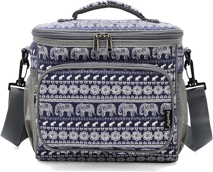 FlowFly Insulated Reusable Lunch Bag Adult Large Lunch Box for Women and Men with Adjustable Shoulder Strap,Front Zipper Pocket and Dual Large Mesh Side Pockets,Elephant-NeatNest