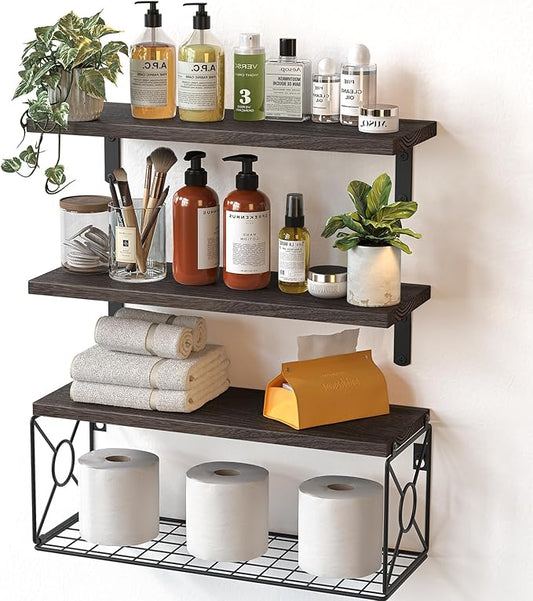 Amada Bathroom Shelves Over Toilet with Storage Basket, Floating Bathroom Wall Shelves for Home Organization & Wall Decor, Bathroom/Kitchen/Living Room Shelves–Rustic Brown-NeatNest