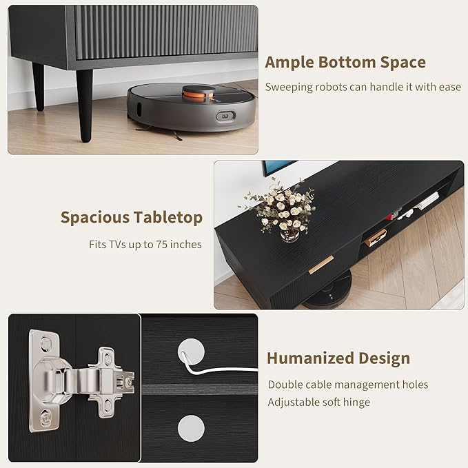 Black TV Stands, Mid Century Modern TV Stand, with 2 Large Storage Cabinets, for TVs Up to 75 in, Black Entertainment Center with Fluted Panel Design, TVs Stands for Living Room, for Bedroom, Office-NeatNest