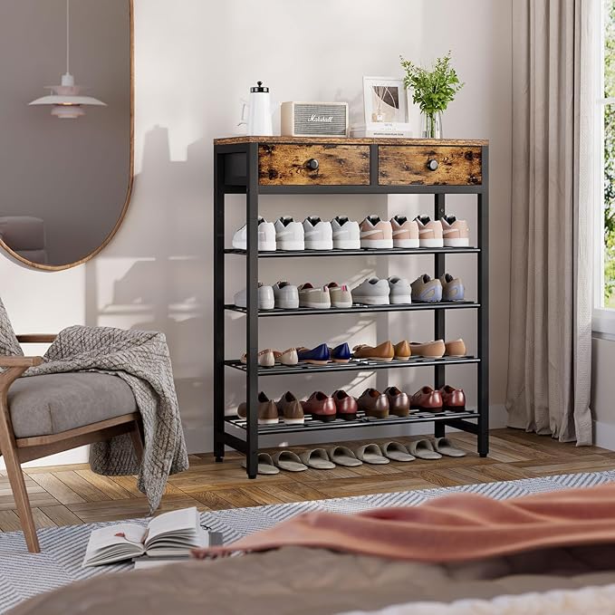 IBUYKE 5 Tier Shoe Rack, Metal Shoe Storage Organizer for 12-16 Pairs of Shoes, Modern Shoe Stand with 2 Drawers,Metal Shelf for Entryway Closet Bedroom, Rustic Brown TXJ041H-NeatNest