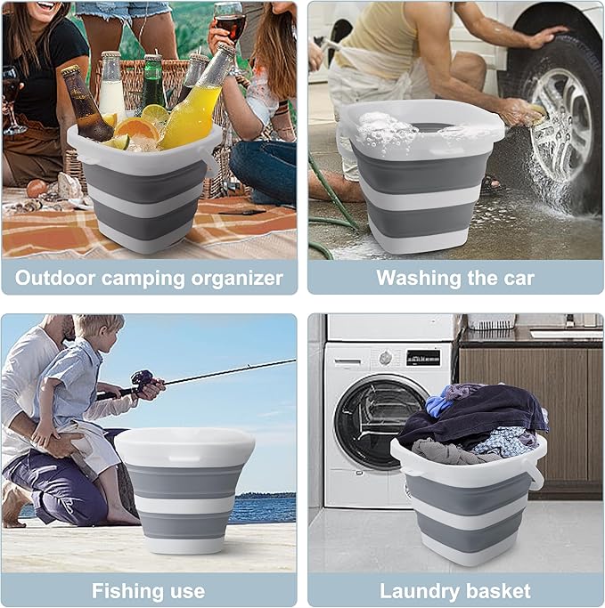 2 Pack Small Collapsible Buckets, 1.4Gal/5L BPA-Free - Foldable Water Pails for Car Washing, Camping, Beach - Portable Lightweight Storage Set for Outdoor, RV, Travel (Grey)-NeatNest