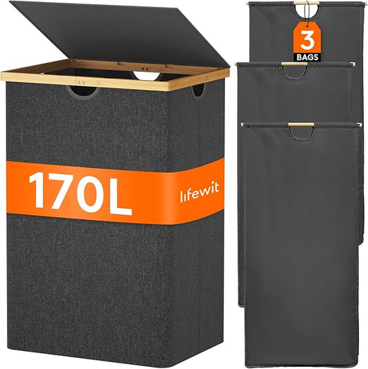 Lifewit 170L Triple Laundry Hamper with Lid, Extra Large Bamboo Laundry Basket Dirty Clothes Hamper,3 Section Laundry Bin Organizer for Laundry Room Bedroom with 3 Removable Liners & Bags, Dark Gray-NeatNest