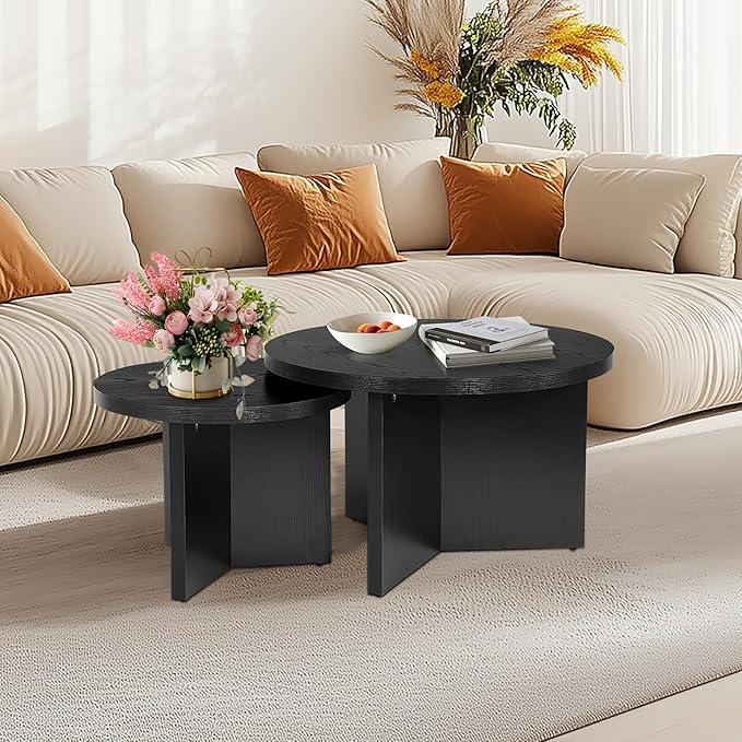Round Nesting Coffee Tables Set of 2, Modern Stacking Table with Wood Grain Finish, End Table Side Tables for Living Room (Black)