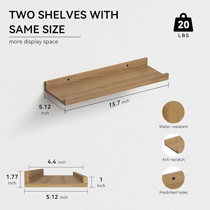 Floating Shelves Wall Mounted Set of 2, Modern Wall Shelves for Storage with Lip, Display Picture Ledge Shelf for Wall Decor Bedroom Living Room Bathroom Kitchen - Oak-NeatNest
