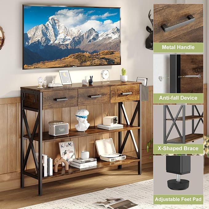 Gizoon 47" Entryway Table with 3 Drawers and 3 Tier Storage Shelves, Industrial Narrow Long Sofa Table, Farmhouse Style Console Table for Living Room, Hallway, Couch, Small Spaces - Rustic Brown-NeatNest