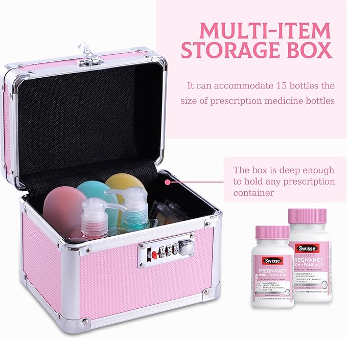Small Medication Combination Lock Boxes with Code for Personal Items, Medicine Lockbox for Documents - 7.1 x 5.1 x 5.3 Inches Pink