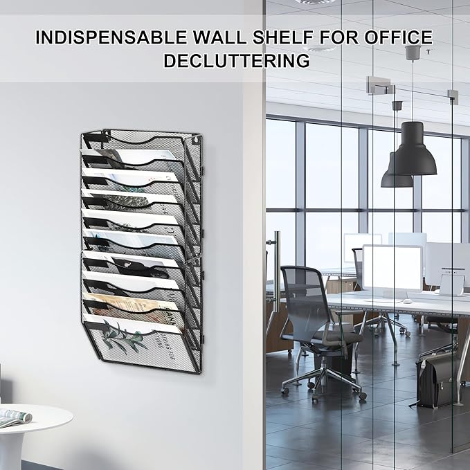 EasyPAG 10 Pocket Wall File Organizer, Black | Metal Mesh Wall Mounted File Holder | Assembly Hanging Mail Organizer | Replaceable Classify Labels | Office Home Letter Size Paper Storage