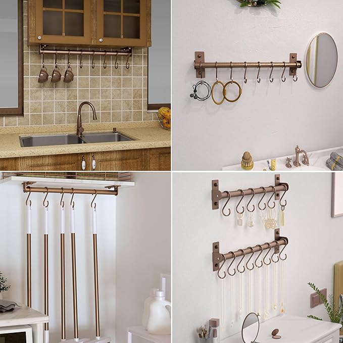 Dseap Kitchen Utensil Holder Hanger, Pot and Pan Rack Wall Mounted, Kitchen Rail with 8 Hooks for Hanging Cooking Utensils, Mugs, Spoons, Wall Mounted, Antique Copper, Pack of 2-NeatNest