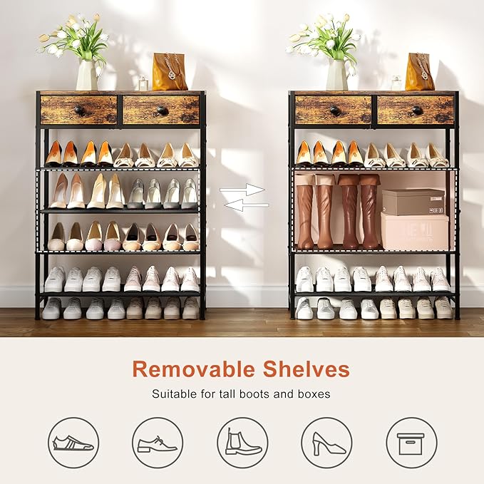 Shoe Rack, 5 Tier Shoe Organizer with 2 Drawers, Metal Shoe Storage for 16-20 Pairs of Shoes with Fabric Shelves and Wooden Top, Narrow Shoe Shelf for Closet Entryway Rustic Brown-NeatNest
