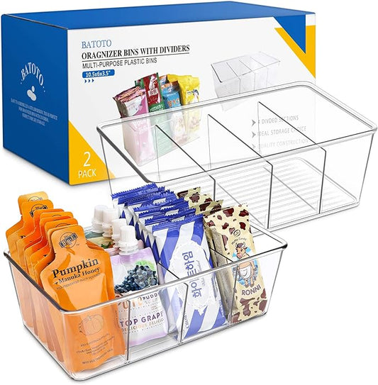 Batoto Pantry Organization and Storage Bins, Refrigerator Organizer Bins – Clear, Kitchen Organization and Storage with Dividers (2 Pack)-NeatNest