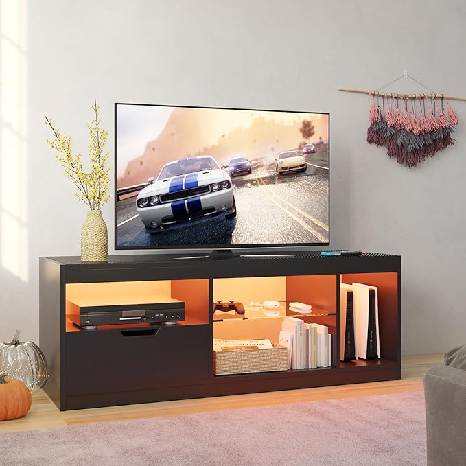 JUMMICO TV Stand, Entertainment Center LED Gaming TV Stand for 65+ Inch TV Carbon Fiber Top, Dynamic RGB Modes TV Cabinet Console with Adjustable Glass Shelves Storage Drawers (Black)-NeatNest