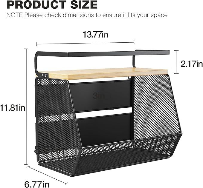 Magnetic Shelf for Fridge with Wide & Thick Magnet, 1 Pack Refrigerator Organizer Basket with Bamboo Top, Storage for Fruit, Potato, Onion, Kitchen, Pantry, Laundry (Black, 13.8" x 6.8" x 11.8")