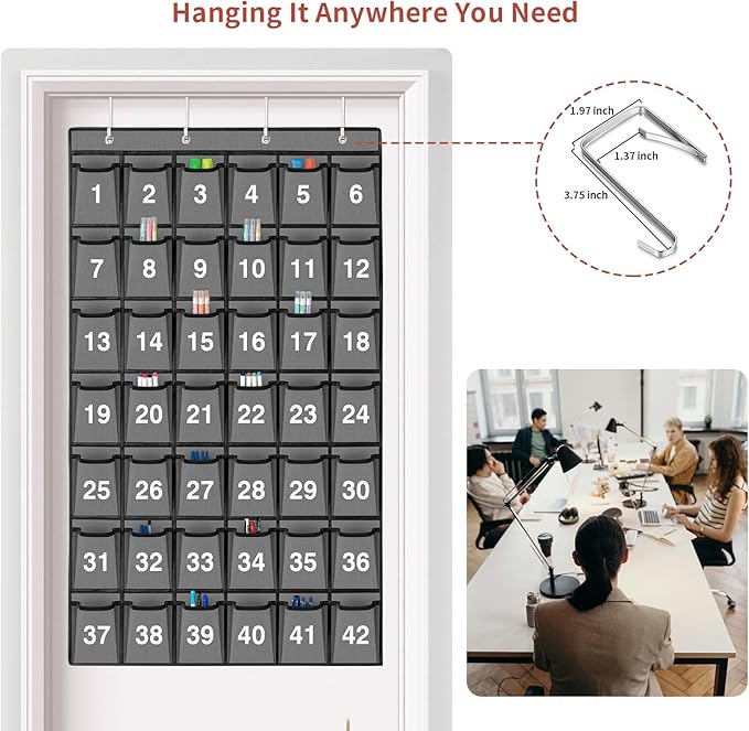 42 Pockets Numbered Classroom Pocket Chart for Cell Phones, Hanging Pocket Chart Storage for Classroom Phone Calculator Holder with 4 Hooks and 42 Clear Numbers Printing (Grey-42pockets)-NeatNest