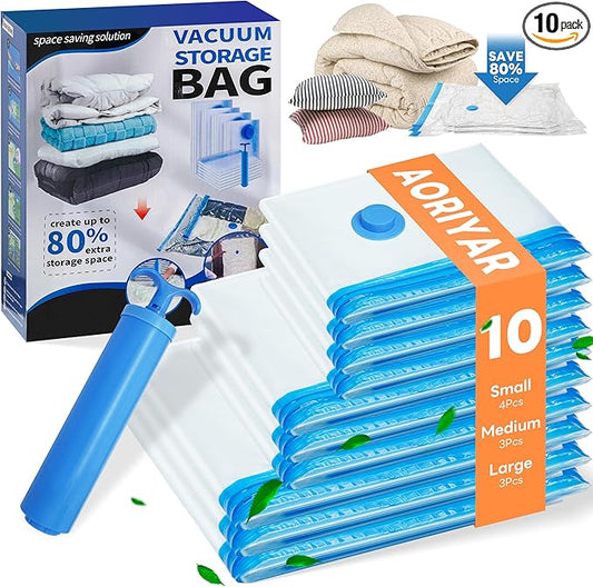 10 Pack Vacuum Storage Bags - Large Space Clothes Storage Travel Bag Hand Pump, No Leakage Compression Plastic Storage Bins Bags Travel Clothing, Vacuum Bag for Blankets Comforters Pillows-NeatNest
