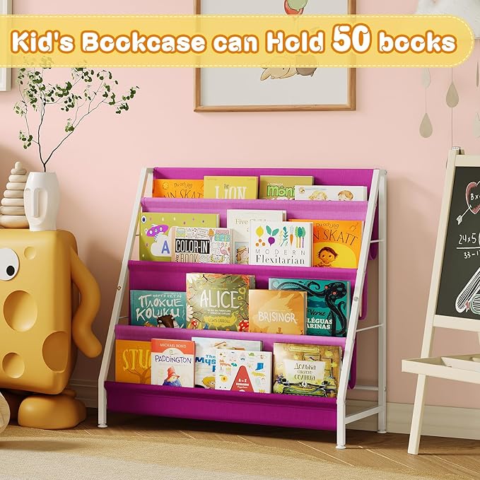 Book Shelf for Kids Rooms, Pink Montessori Bookshelf Nursery Book Shelves Toddler Children Bookshelf Metal Kid's Book Storage Organizer for Girls Room Furniture Playroom Kindergarten-NeatNest