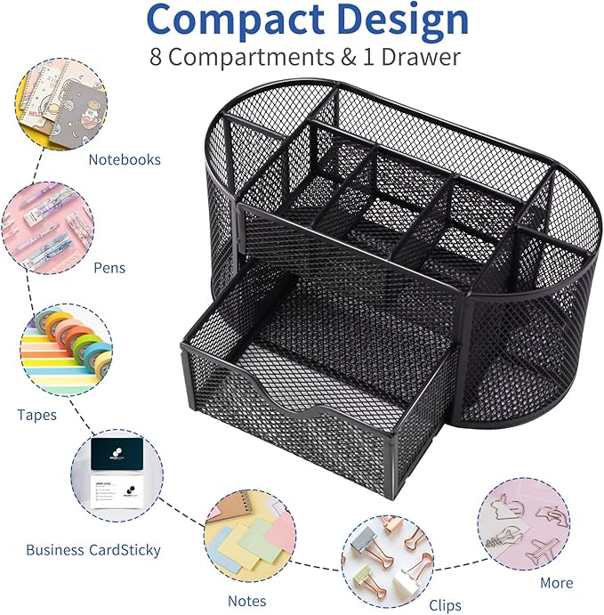 EOOUT Desk Organizer, Pencil Holder for Desk, Mesh Office Desk Accessories with 8 Compartments and 1 Drawer Stationery Holder School Supplies-NeatNest