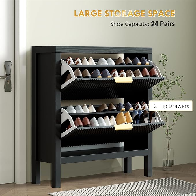 Modern 2-Tier Flip Drawer Shoe Cabinet, Freestanding Hidden Slim Narrow Shoe Rack Cabinet, Wooden Large Capacity Shoe Storage Cabinet Shoe Organizer, for Entryway, Hallway, Black-NeatNest