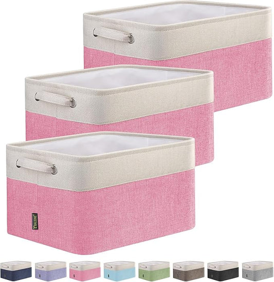 BALEINE 3 Pack Fabric Storage Bins for Shelves, Linen Storage Baskets for Organizing, Decorative Closet Bins for Clothes, Home (Pink, 15''x11''x9.5'')-NeatNest