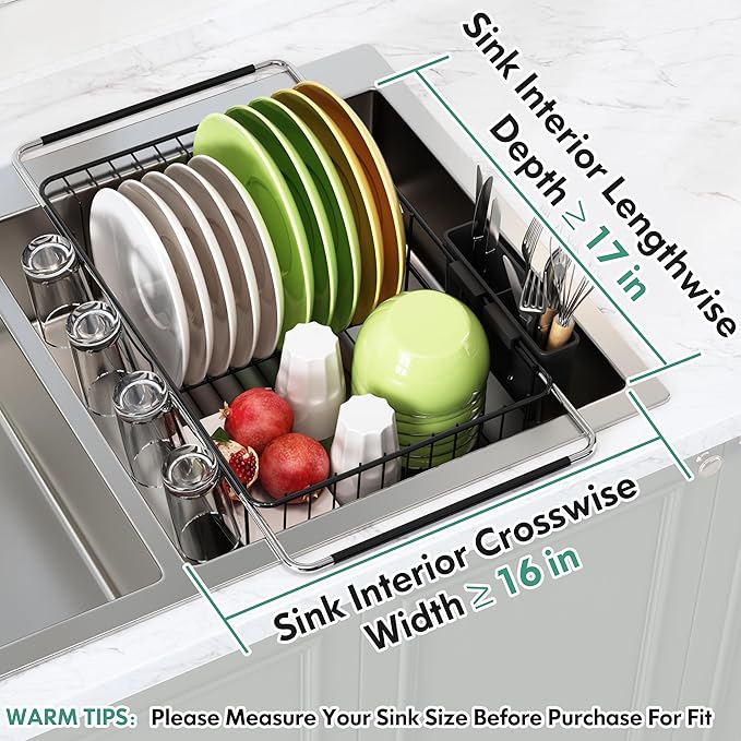 romision Dish Drying Rack in Sink, Black Dish Drying Rack Over Sink, Stainless Steel Black Dish Strainers for Kitchen Sink with Utensil & Cup Holder