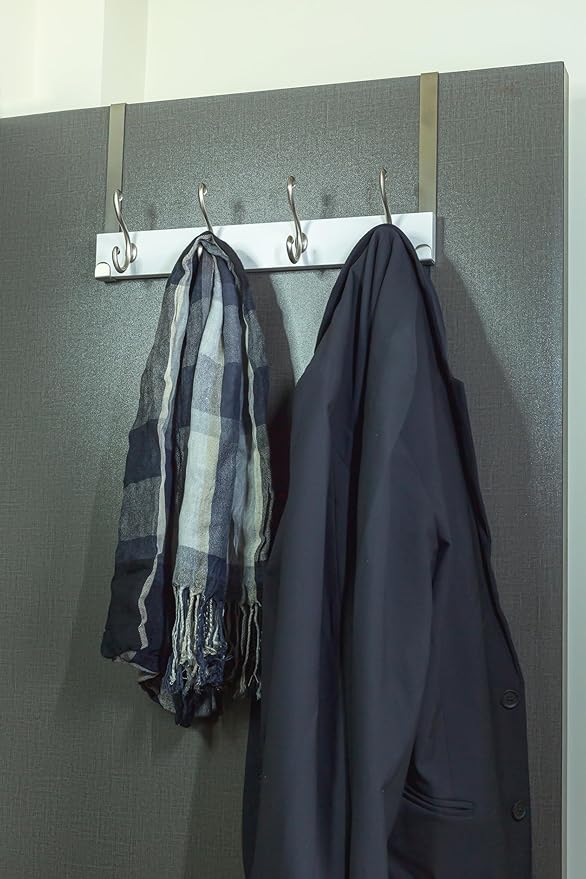 creathome Dual-Purpose Wooden Hanger with 4 Ring Hooks White Color, Behind/Over The Door Towel Rack for Bathroom, Heavy Duty Wall Mounted Coat Rack, No Drilling