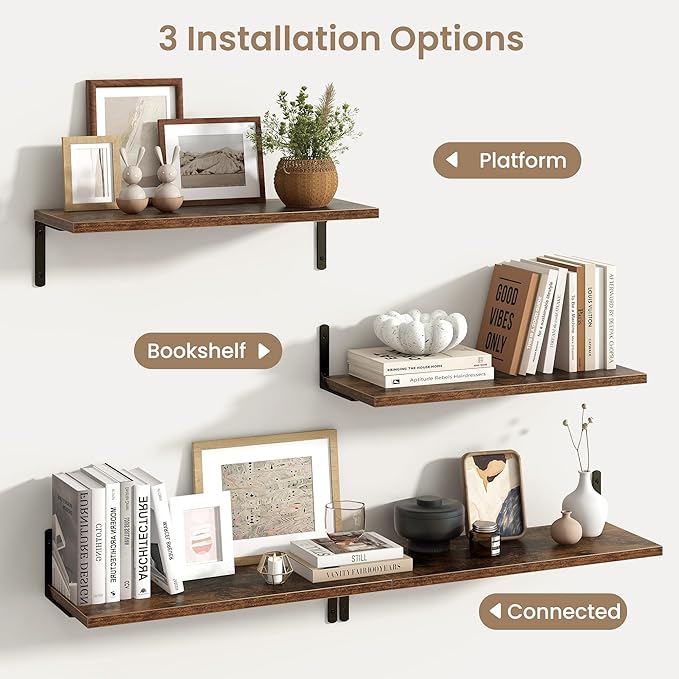 Fun Memories Deep Floating Shelves, 24W x 8D Floating Shelves Set of 2, Wall Mounted Shelf with Metal Brackets, Rustic Wood Wall Shelf for Bathroom, Kitchen and Living Room, Rustic Brown-NeatNest