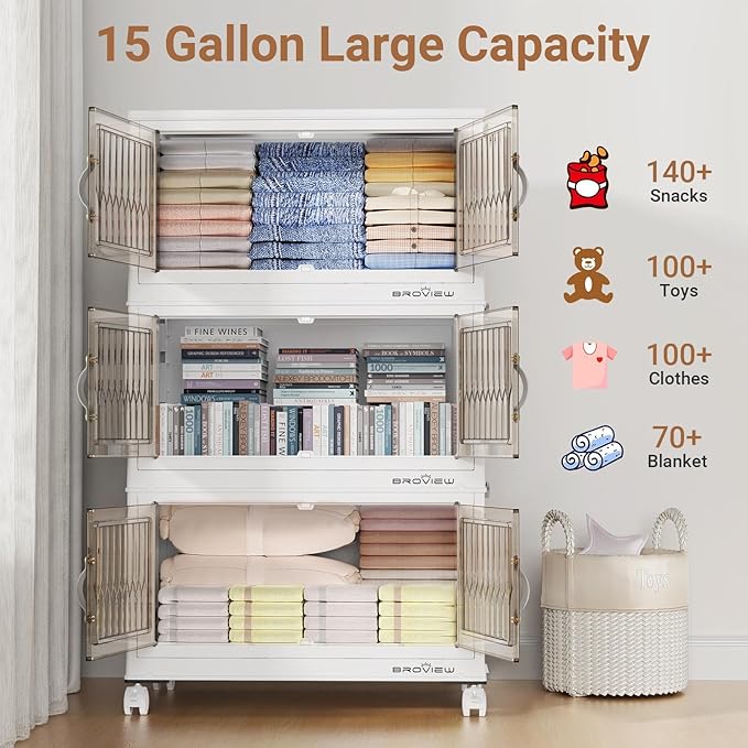 240Qt Stackable Storage Bins with Lid, Extra Large Closet Organizer Collapsible Drawer Boxes with Wheels, Folding Plastic Cabinet Containers for Home Kitchen Room Organization, 4Pack White