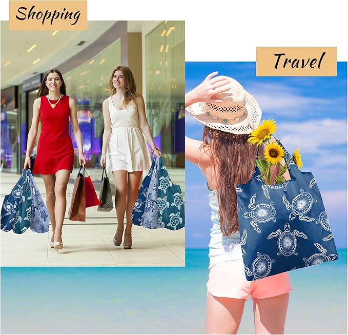 BeeGreen Sea Turtle Reusable Grocery Bags Large Tote Bag With Handles, Bulk Gift Foldable Shopping Bags for Women 6 Pack, Cute Cloth Bag, Heavy Duty, Washable For Beach, Holiday, Travel And Groceries-NeatNest