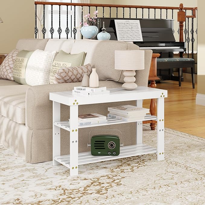 Bamboo Shoe Bench, 3-Tier Shoe Rack, Entryway Bench with Cushion and Adjustable Shelves, Shoe Rack for Entryway, Hallway, Mudroom and Living Room, White