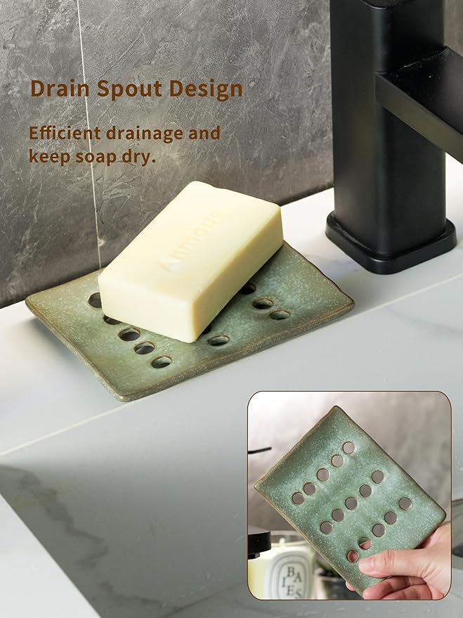 Ceramic Soap Dish with Self Drain for Shower, Bar Soap Holder to Lift and Keep Dry, Concave Design to Prevent Slipping, Suitable for Kitchen and Bathroom, Green-NeatNest