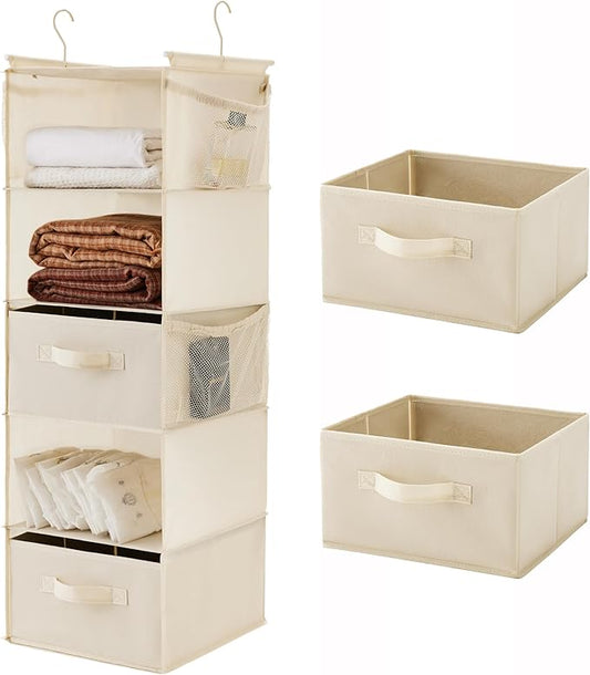 MAX Houser 5 Tier Shelf Hanging Closet Organizer, Cloth Hanging Shelf with 2 Sturdy Hooks for Storage, Foldable (Beige-D2)-NeatNest