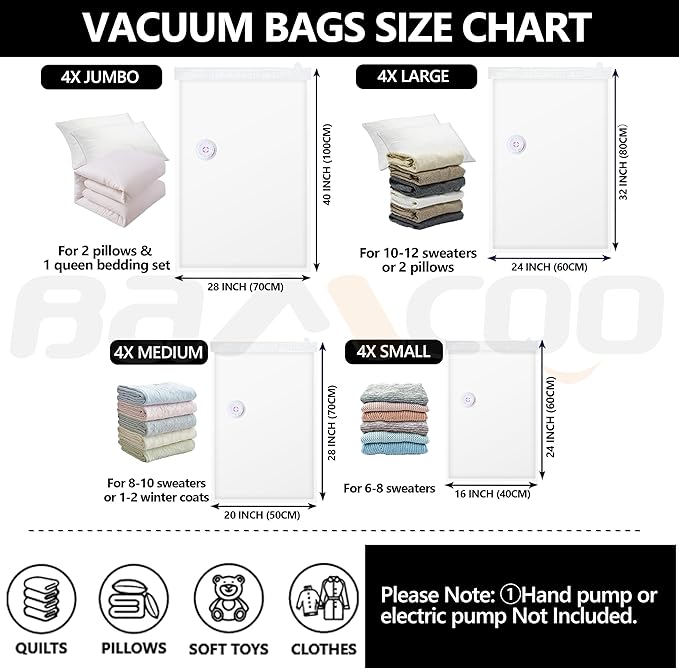 Vacuum Seal Bags for Clothing, Upgraded 16 Pack(4 Jumbo/4 Large/4 Medium/4 Small Vacuum Storage Bags) Space Saver Vaccine Sealed Storage Bag for Travel Blankets Bedding Luggage Comforters-NeatNest