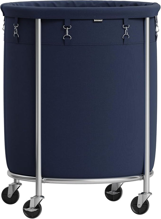 SONGMICS Laundry Basket with Wheels, Rolling Round Laundry Hamper Cart, 45 Gal. with Steel Frame and Removable Bag, 4 Casters and 2 Brakes, Charcoal Blue and Metallic Silver URLS001Q01