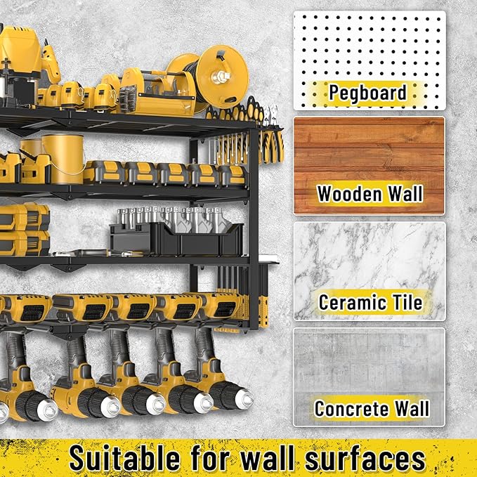Heavy Duty Power Tool Organizer Wall Mount, Cordless Drill Hanger Storage Rack, Battery Tool Holder Utility Rack with Side Wrench Rack for Garage Workshop-32 Inch 8 Slots