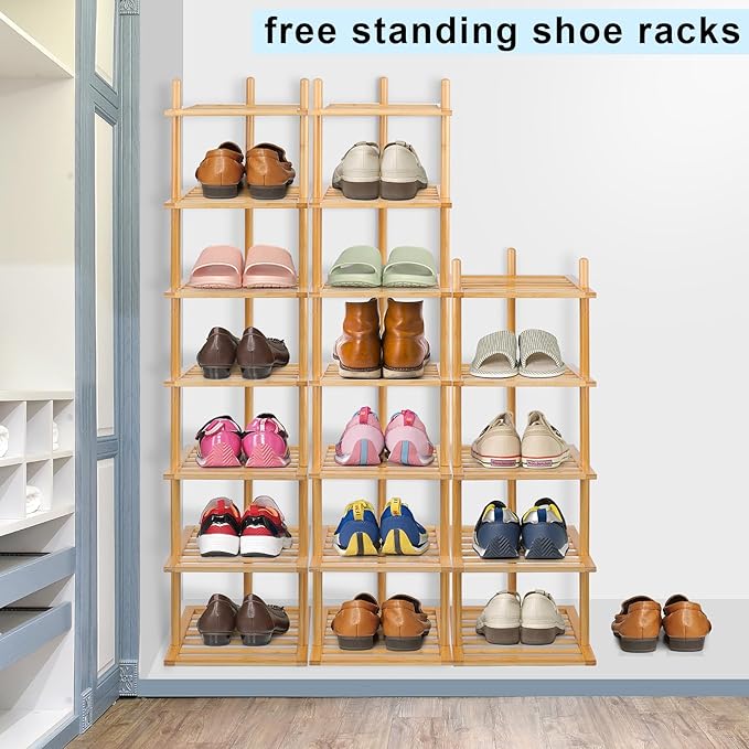 7-Tier Shoe Rack for Closet, Shoes Organizer Free Standing Shelf Entryway and Closet Hallway, Small Space Stackable Bamboo Multifunctional Racks Shoe Storage-NeatNest