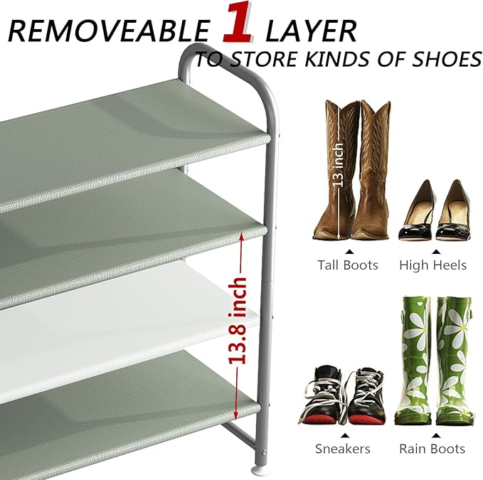 Shoe Rack 4 Tier Long Storage Organizer Wide Metal Shoe Shelf for Closet Entryway Grey-NeatNest