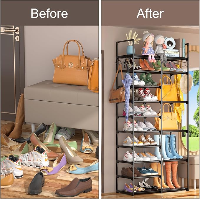 Kottwca 2 Row 10 Tier Tall Shoe Rack Organizer for Closet Entryway, 40-45 Pair Shoe Boot Storage Rack, Metal Shoe Shelf Small Vertical Stackable Shoe Stand for Bedroom Corner-NeatNest