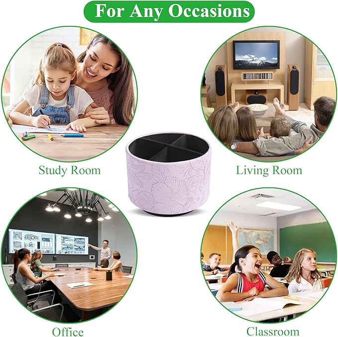 Hennaja Round Leather Art Supply Organizer,Remote Control Holder,360 Degree Spinning,Multi-Functional Pencil Holder,4 Compartments Desktop Stationary Organizer(1-Carved Purple)-NeatNest