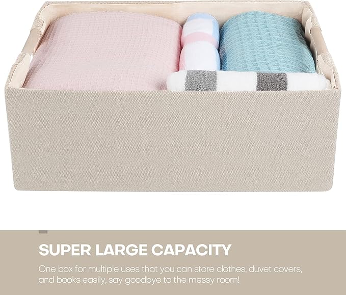 ANMINY 4PCS Storage Baskets for Organizing Collapsible Fabric Storage Bins Boxes with Wood Handles Closet Shelves Cube Organizer Bins Clothes Laundry Storage Container - Large, Beige-NeatNest